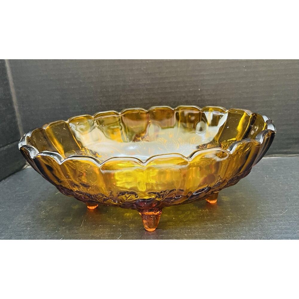 Vintage Indiana Glass Large Amber Carnival Glass Footed Oval Harvest Fruit Bowl